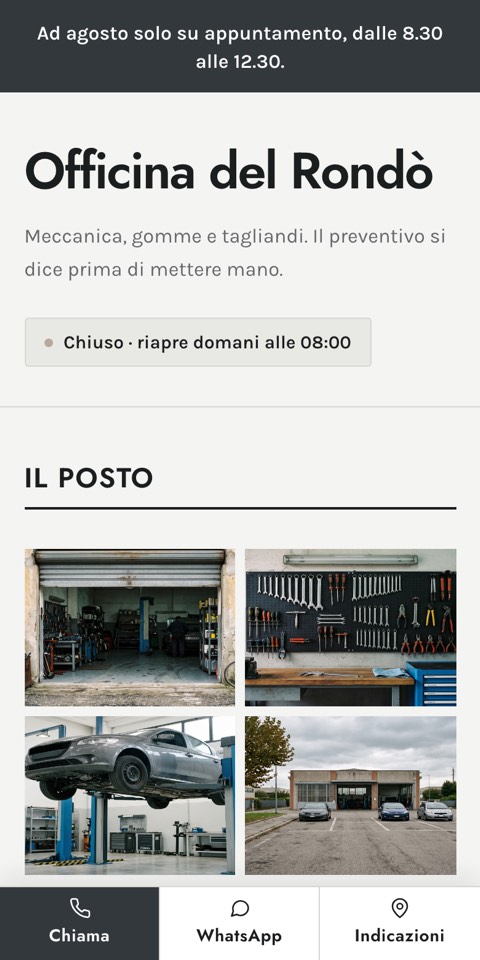 L'apertura del sito dell'Officina del Rond&ograve;: fondo grigio freddo, il nome in grande e l'elenco degli interventi.