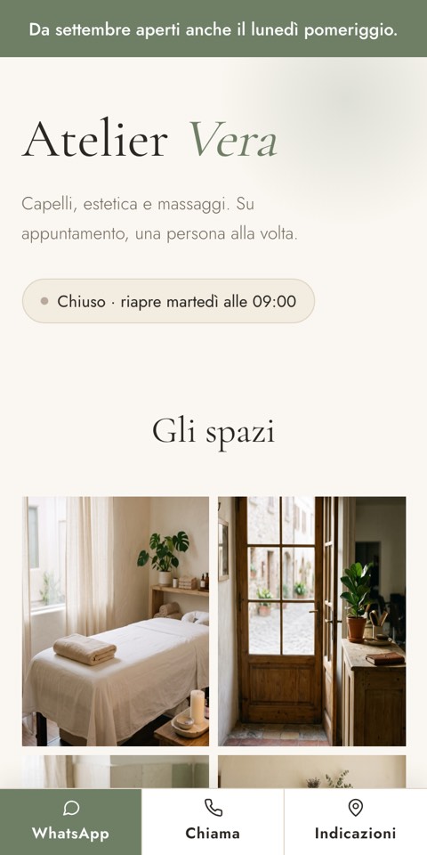 L'apertura del sito di Atelier Vera: fascia verde con l'avviso in cima, il nome in grande e l'inizio del listino prezzi.