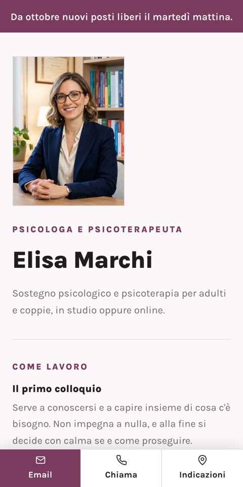 L'apertura della pagina personale di Elisa Marchi, psicologa: il ritratto accanto al nome e quello che sa fare.