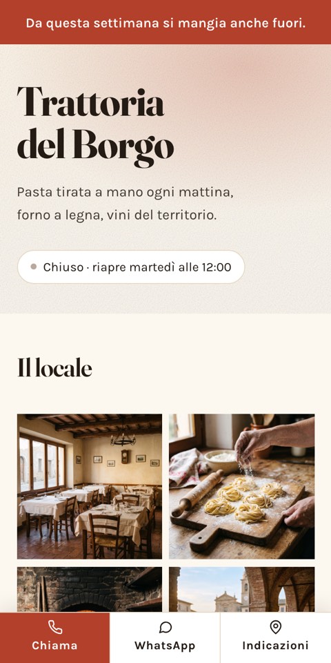 L'apertura del sito della Trattoria del Borgo: fascia rossa con l'avviso in cima, il nome in grande e il menu su fondo scuro.