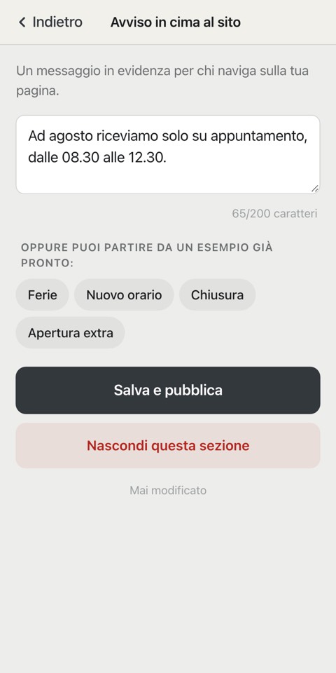 L'avviso dentro la pagina riservata, visto da un telefono: si scrive il testo, si preme Salva e pubblica, e sotto compare l'anteprima della fascia colorata che finir&agrave; in cima al sito.